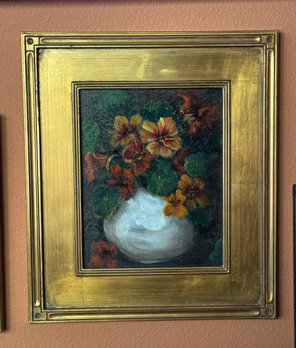 Original still life painting of orange nasturtiums in white vase