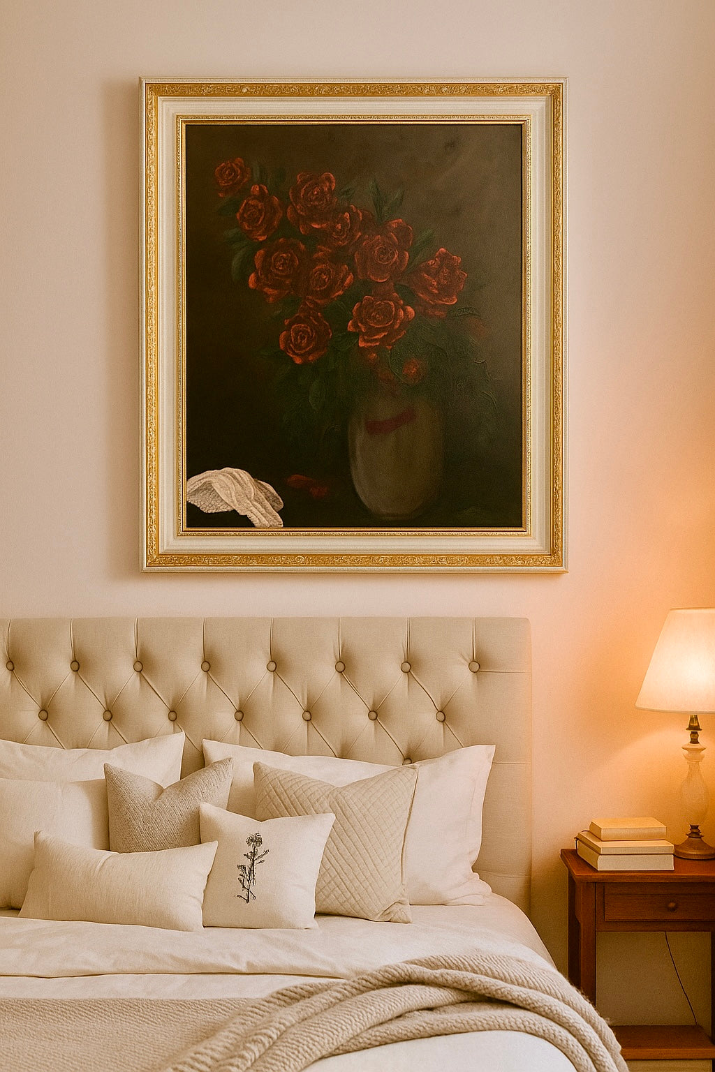 Original still life painting of deep red roses in vase with soft chiaroscuro lighting