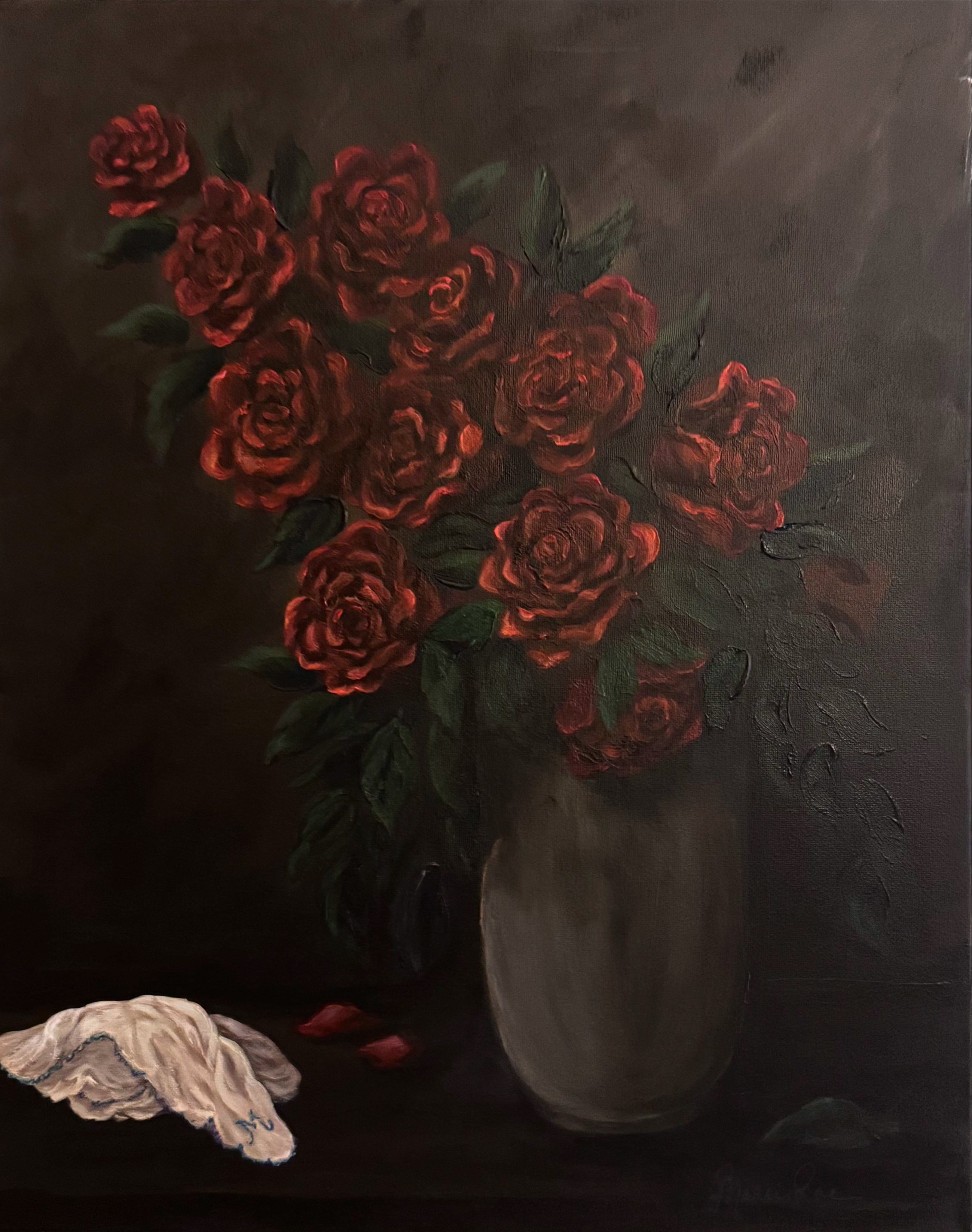 Still life painting of red roses in a vase on a dark background