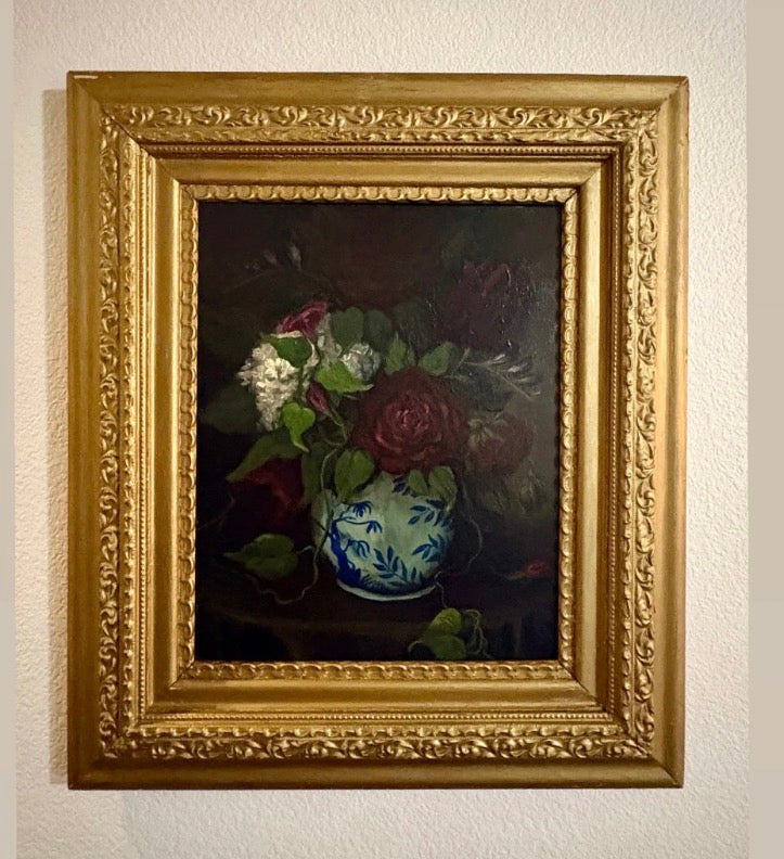 Original floral still life painting of roses in blue and white vase emerging from shadow in soft chiaroscuro light