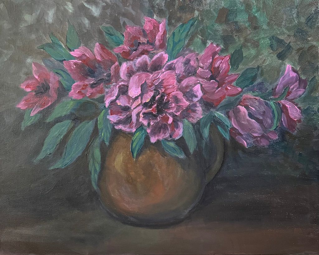 Original still life painting of pink peonies in brown vase