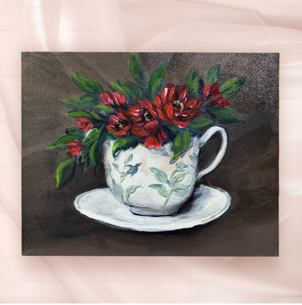Painting of a floral arrangement in a teacup on a saucer with a dark background