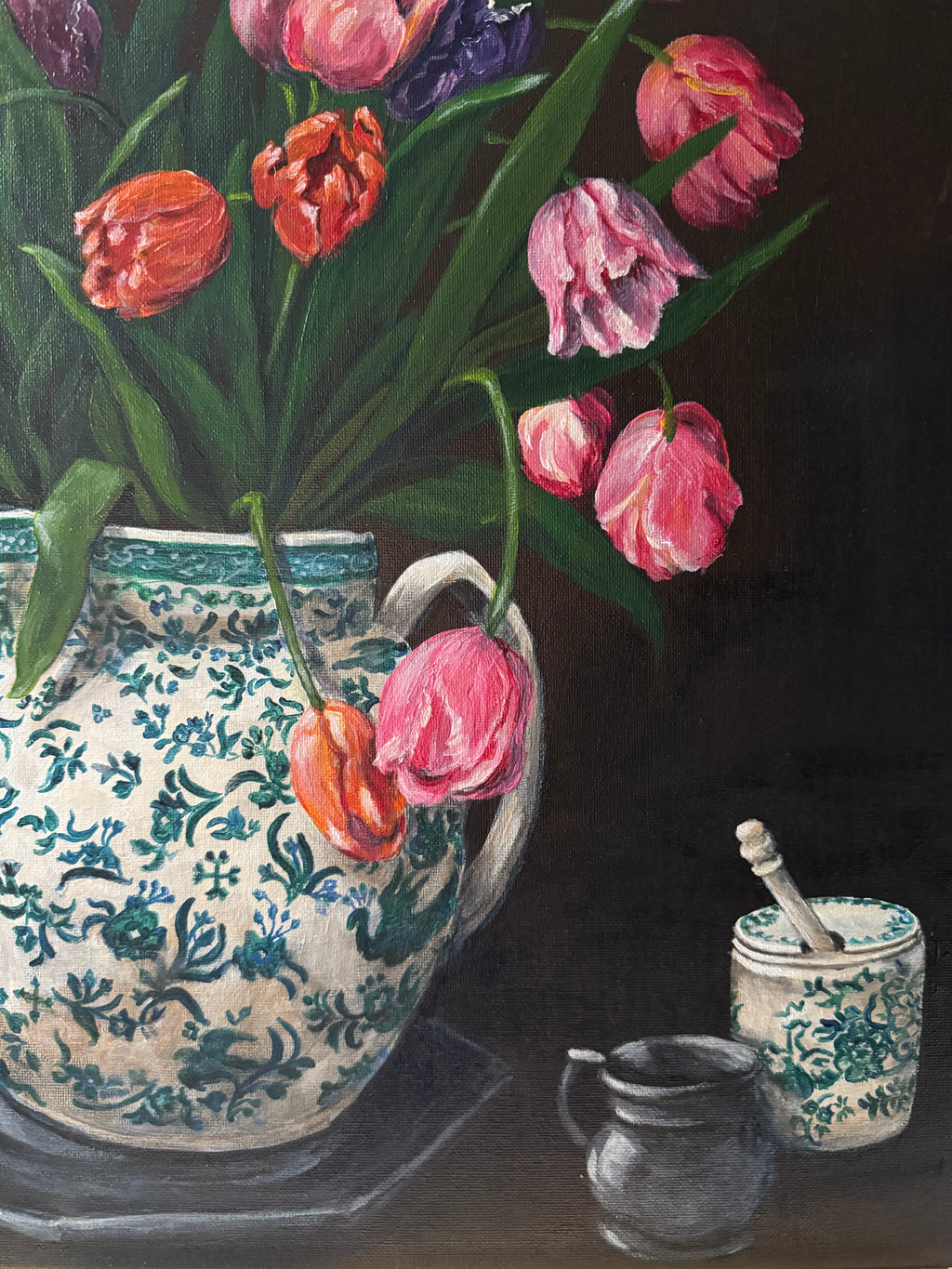 Still life with tulips on dark background 