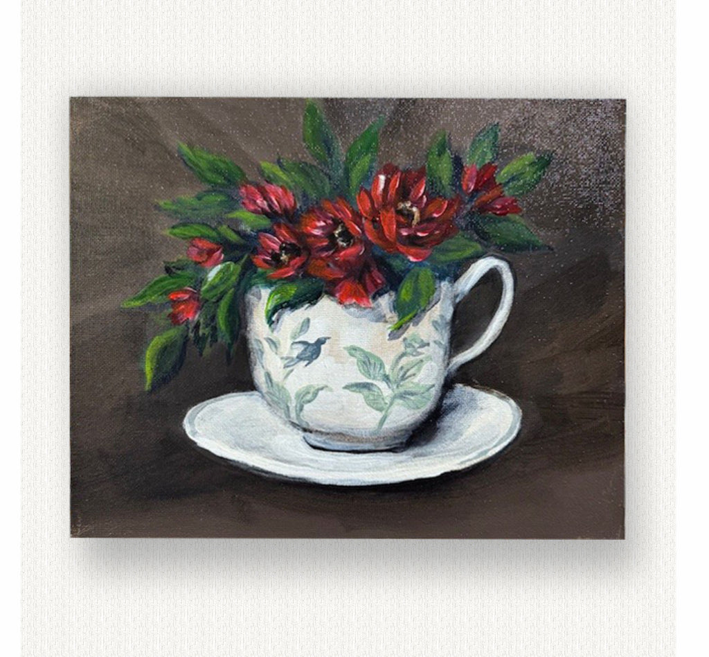 Original still life painting of red flowers in white teacup with saucer