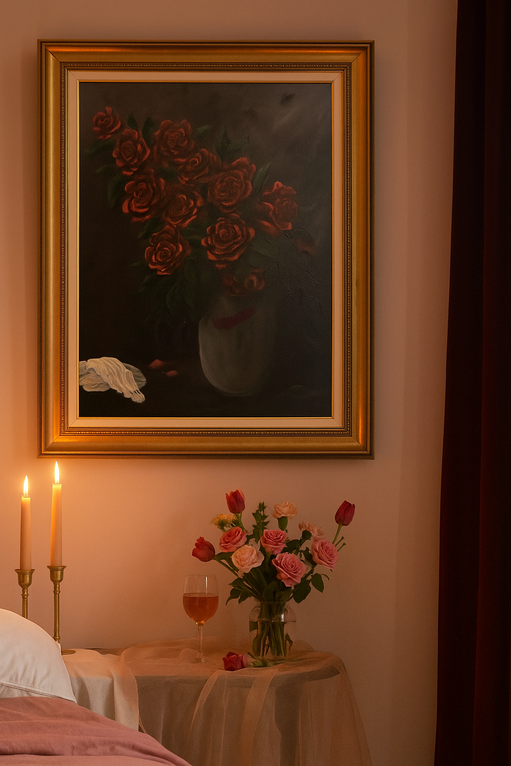 Original still life painting of deep red roses in vase with soft chiaroscuro lighting