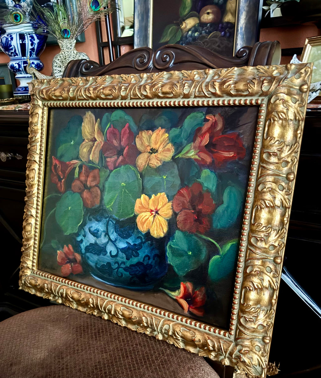 * “Nasturtiums at Dawn original painting 16x20”
* “Detail of nasturtiums flowers with dramatic lighting”
* “Framed styling example of original still life painting”