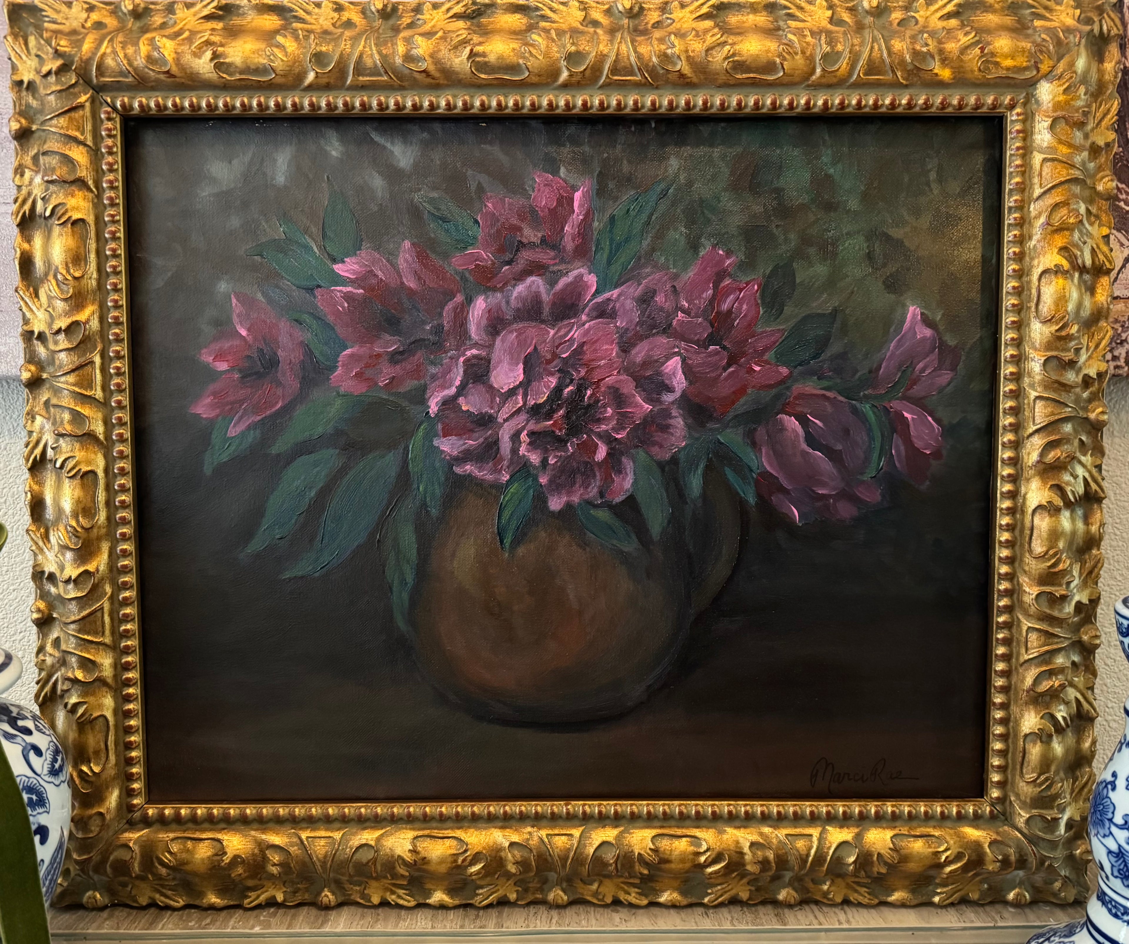 Original still life painting of pink peonies in brown vase
