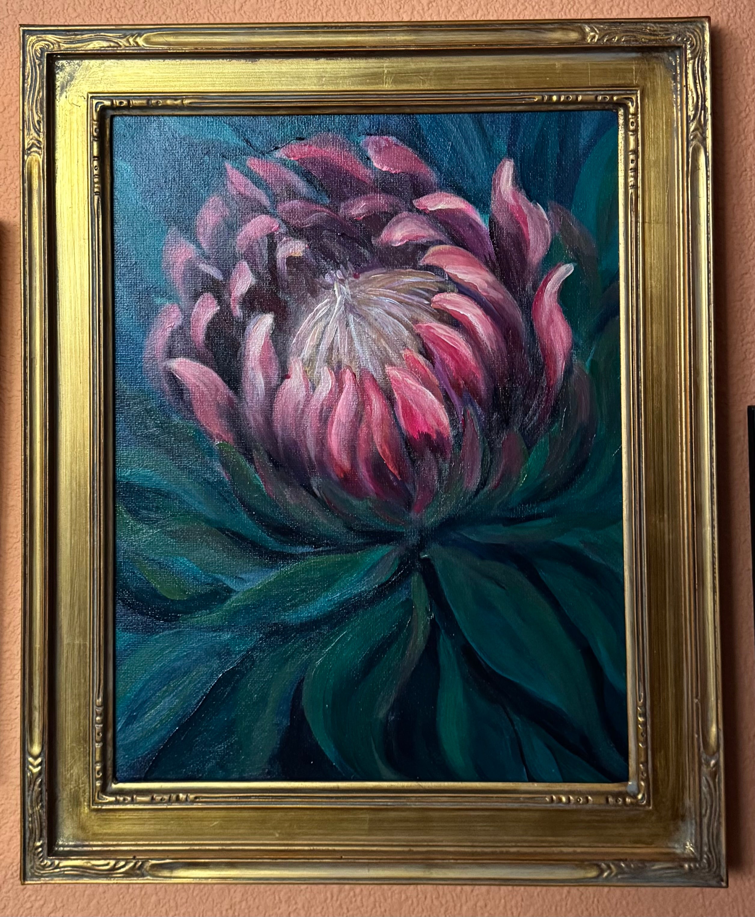 Painting of protea bloom on dark background 
