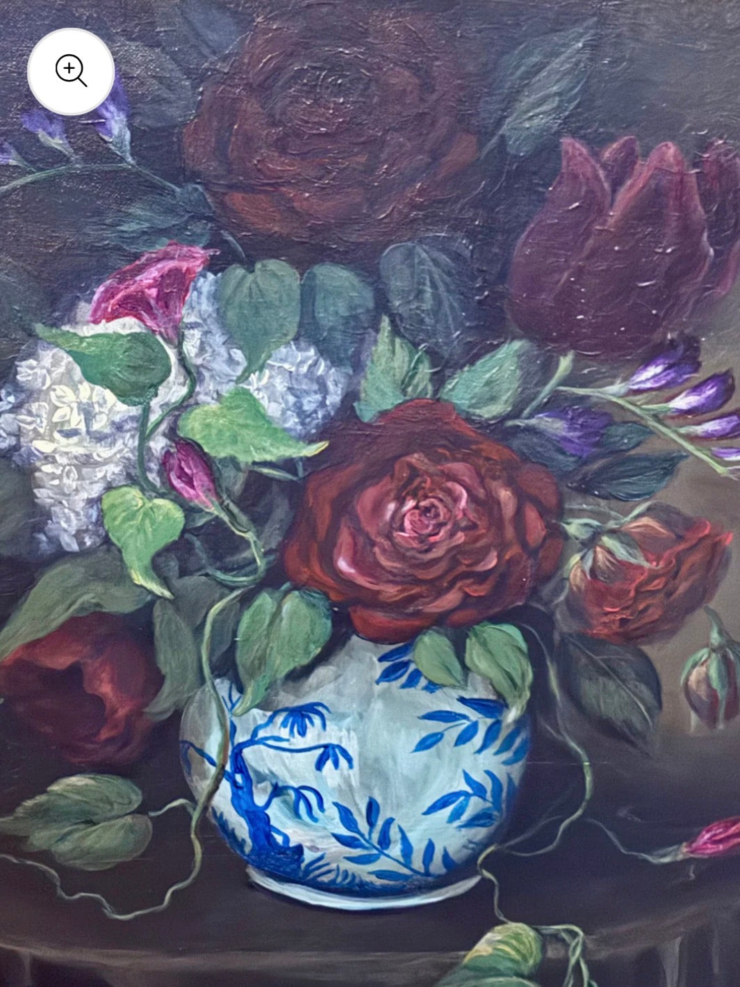 Original floral still life painting of roses in blue and white vase emerging from shadow in soft chiaroscuro light