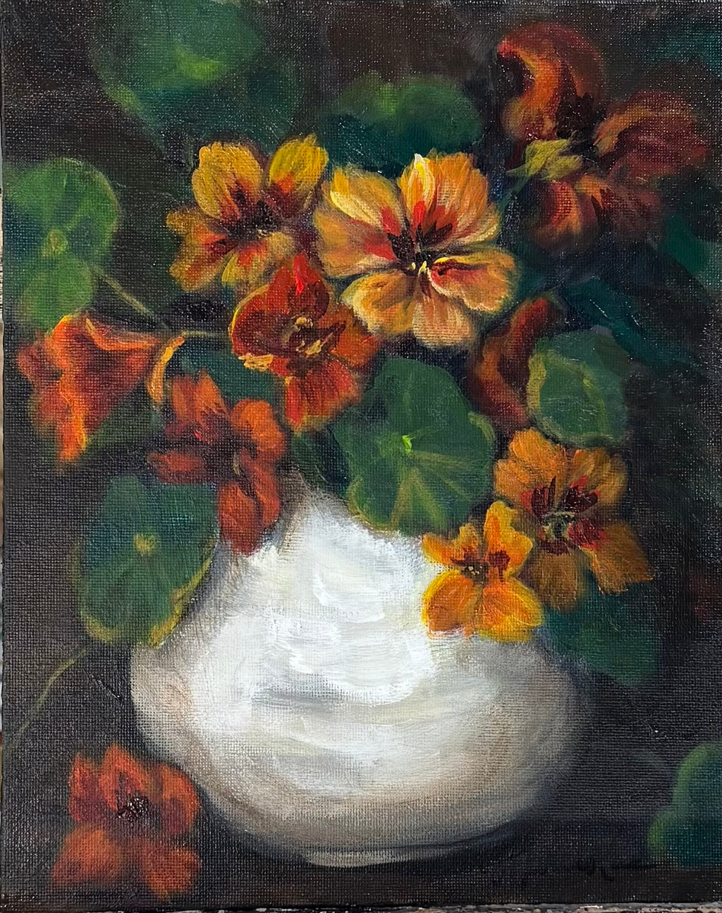 Painting of a white vase with nasturtium flowers on a dark background