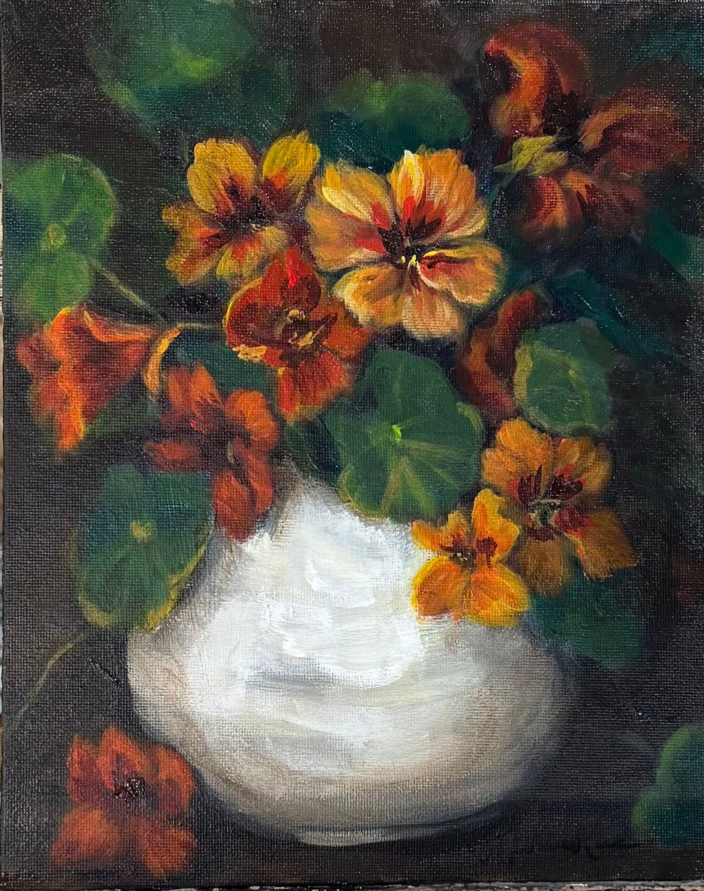 Painting of a white vase with nasturtium flowers on a dark background