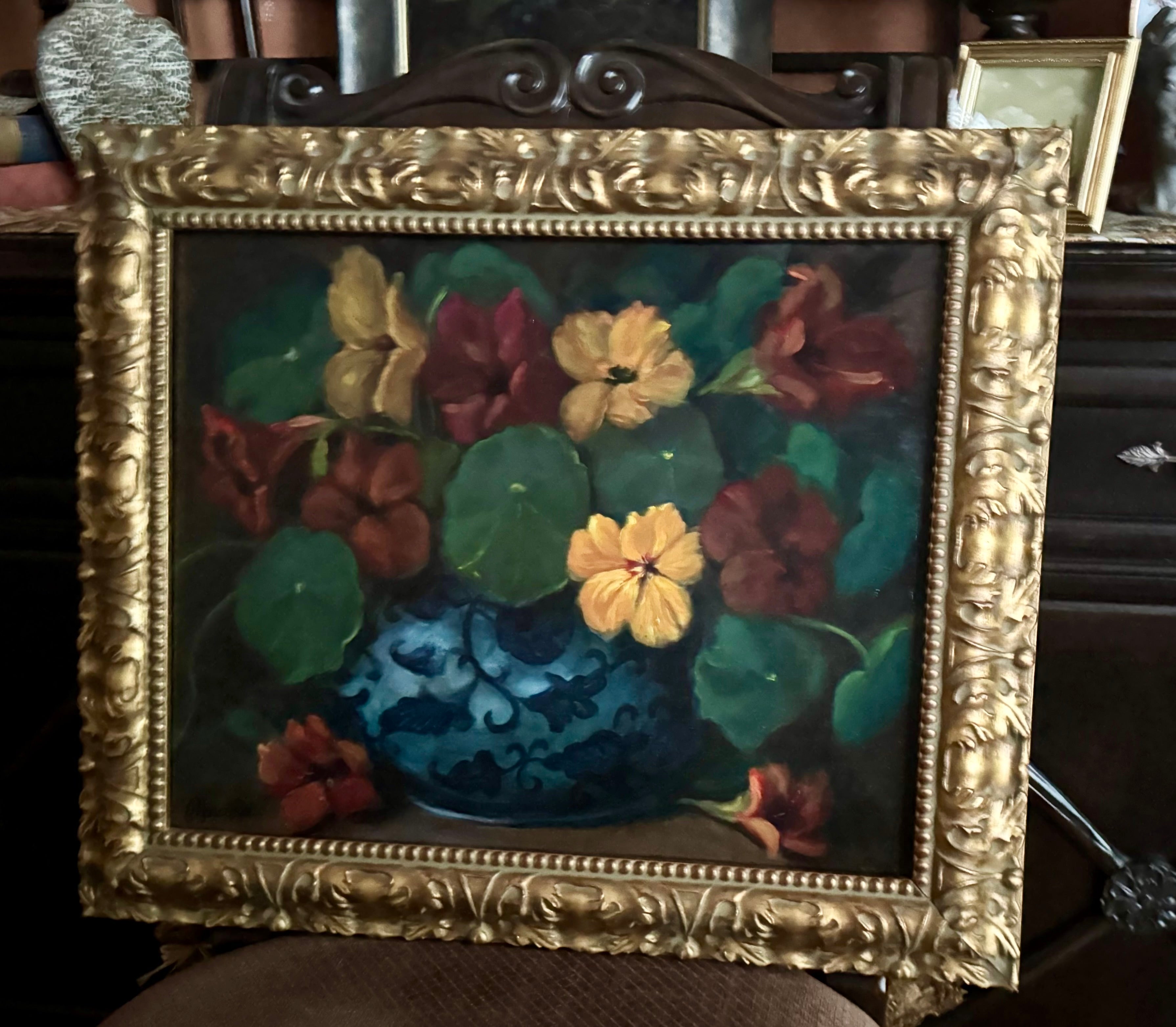 * “Nasturtiums at Dawn original painting 16x20”
* “Detail of nasturtiums flowers with dramatic lighting”
* “Framed styling example of original still life painting”