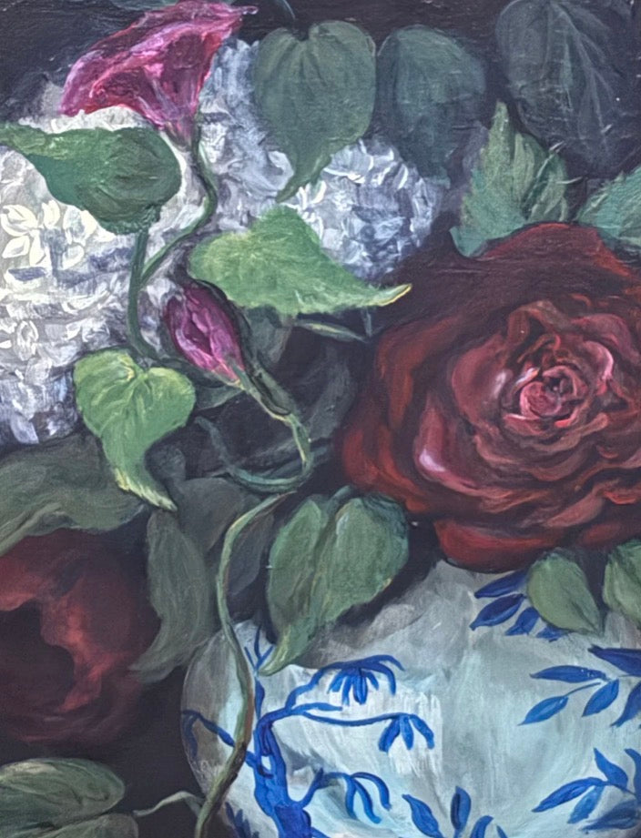 Original floral still life painting of roses in blue and white vase emerging from shadow in soft chiaroscuro light