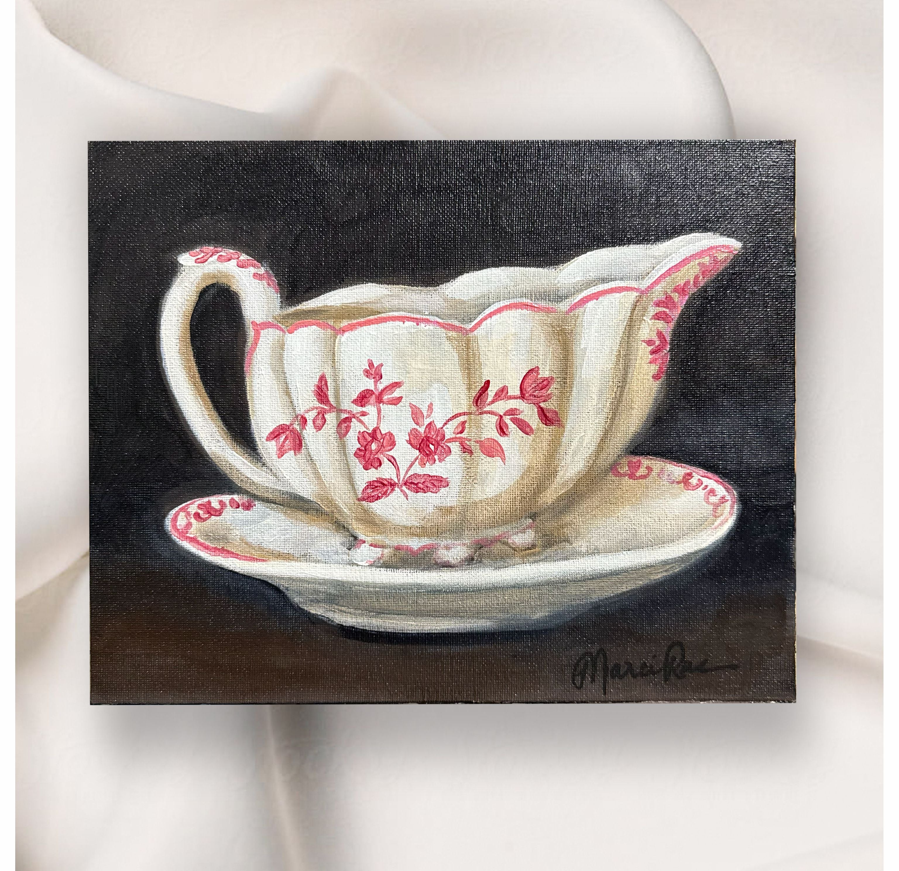 Painting of a decorative gravy boat with pink floral patterns on a dark background.