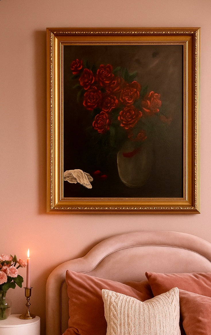 Original still life painting of deep red roses in vase with soft chiaroscuro lighting