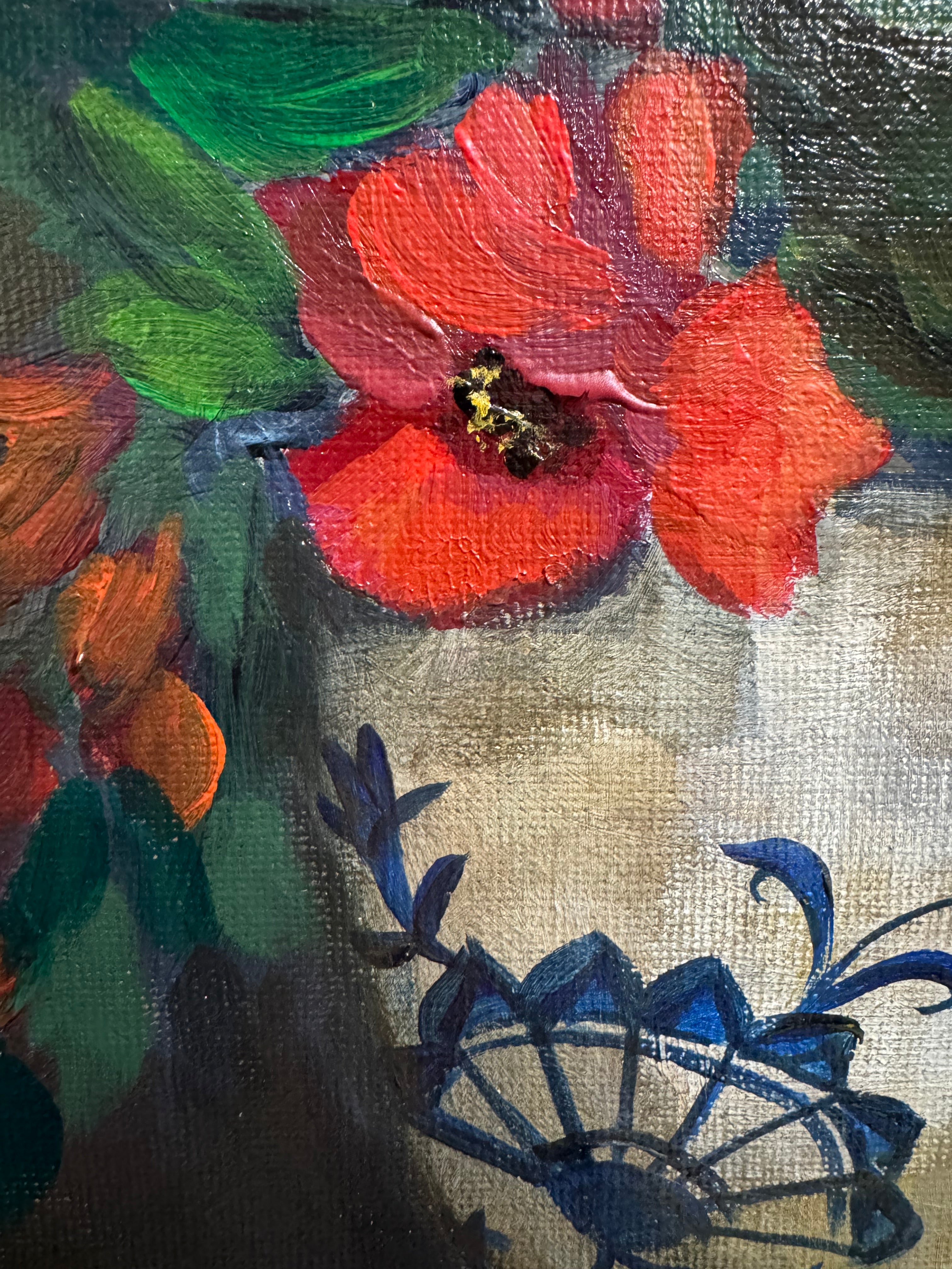 Original still life painting of red flowers in blue and white teacup with soft light