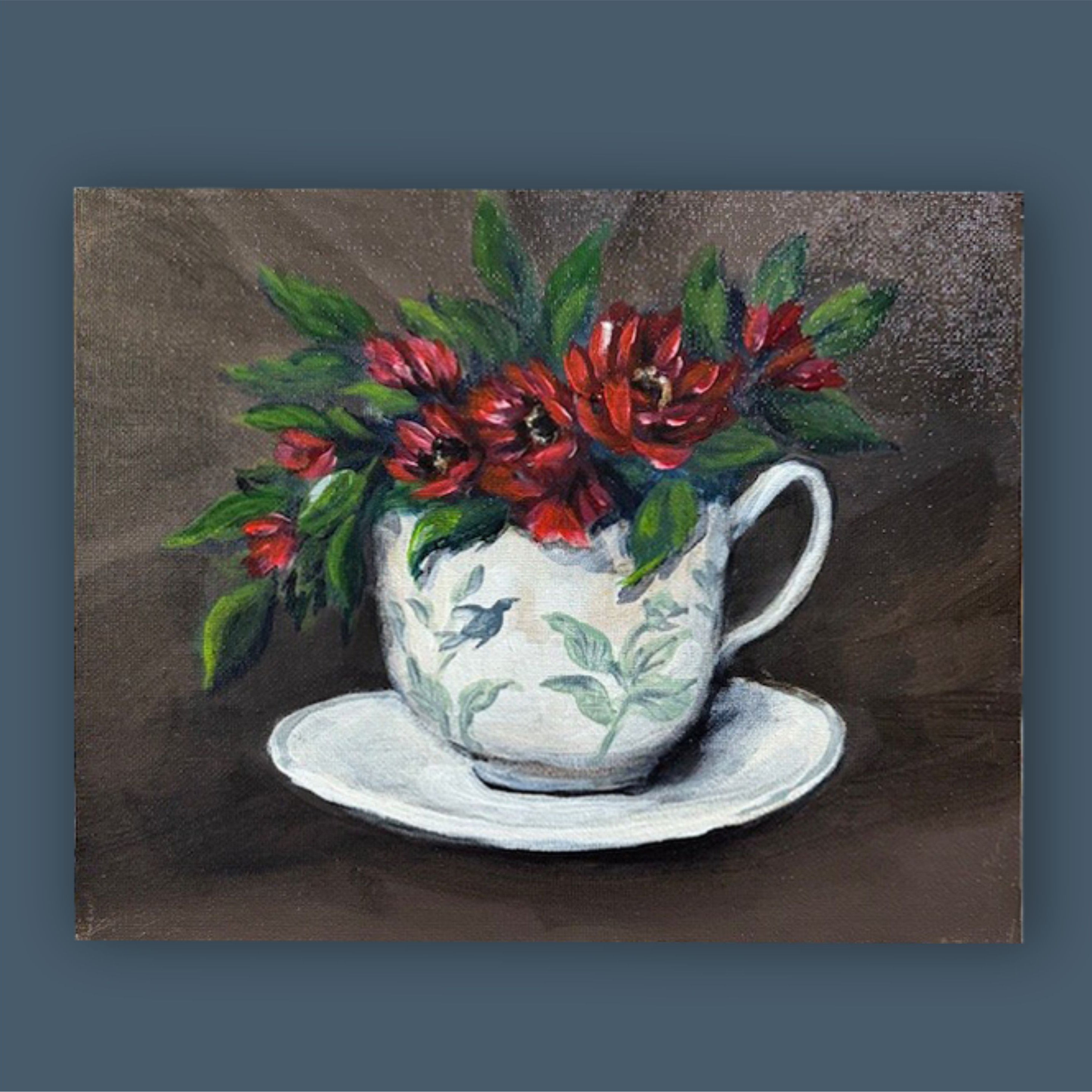 Original still life painting of red flowers in white teacup with saucer