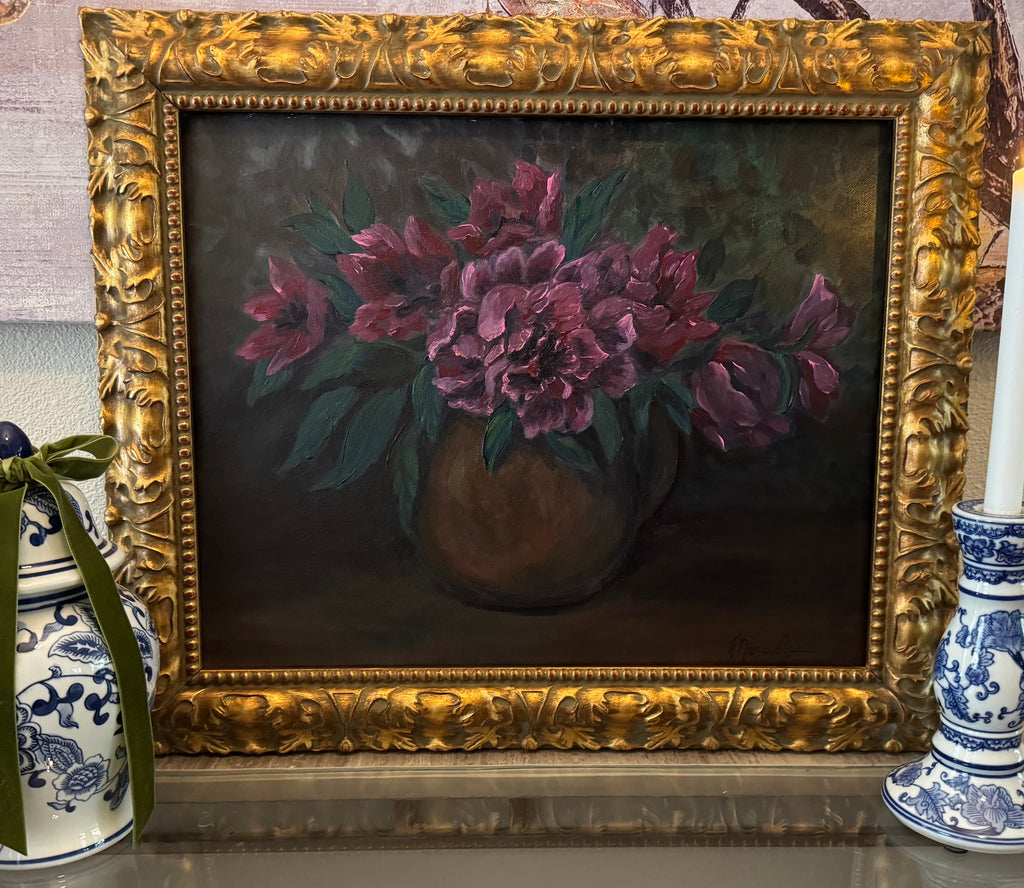 Original still life painting of pink peonies in brown vase