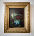 Original floral still life painting of roses in blue and white vase emerging from shadow in soft chiaroscuro light