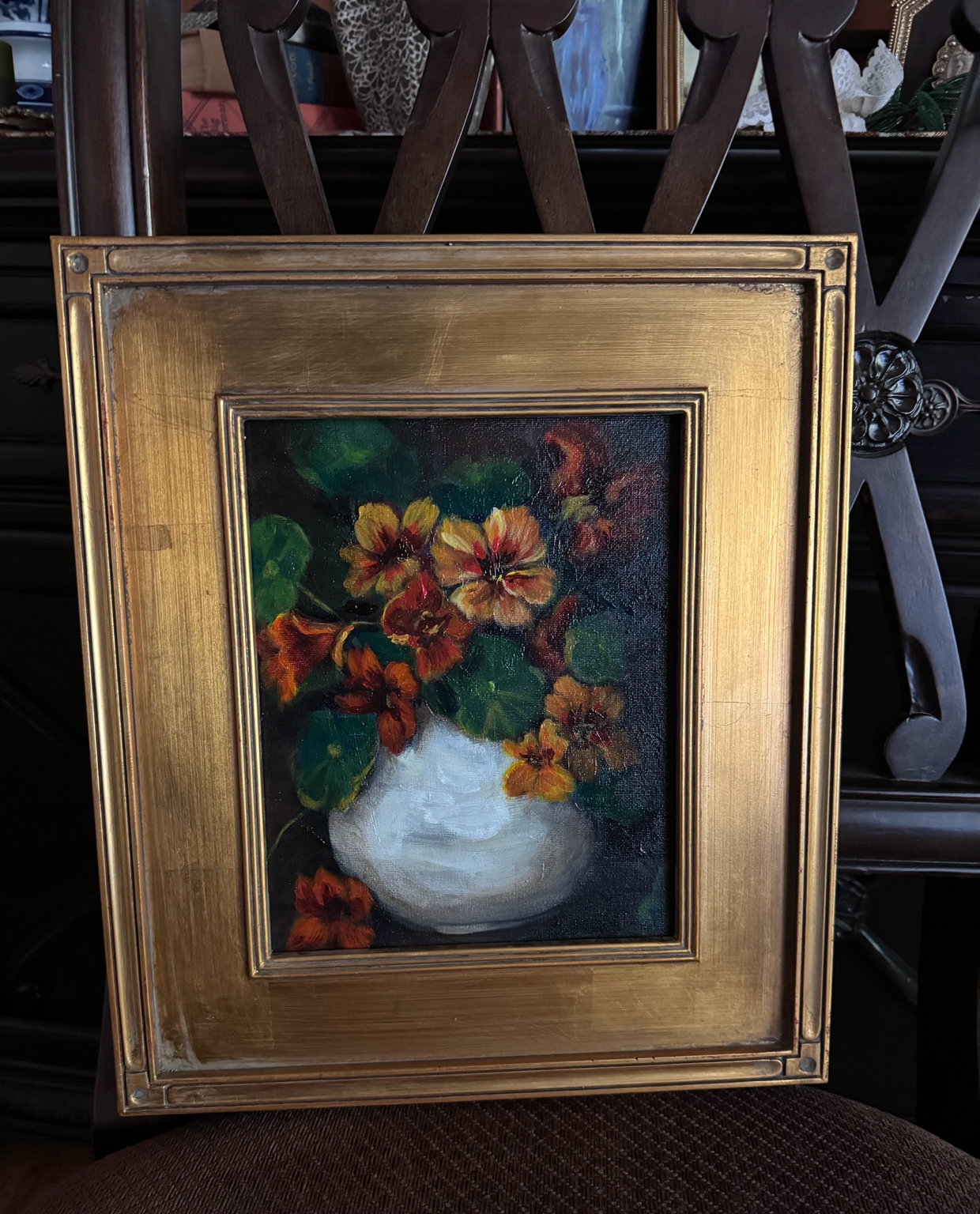 Original still life painting of orange nasturtiums in white vase