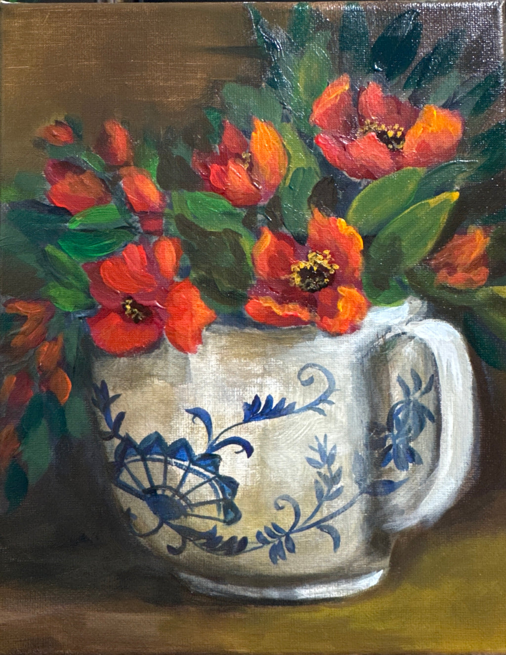 Original still life painting of red flowers in blue and white teacup with soft light