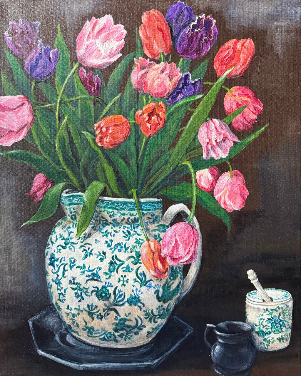 Still life painting of a vase with pink and purple tulips on a dark background